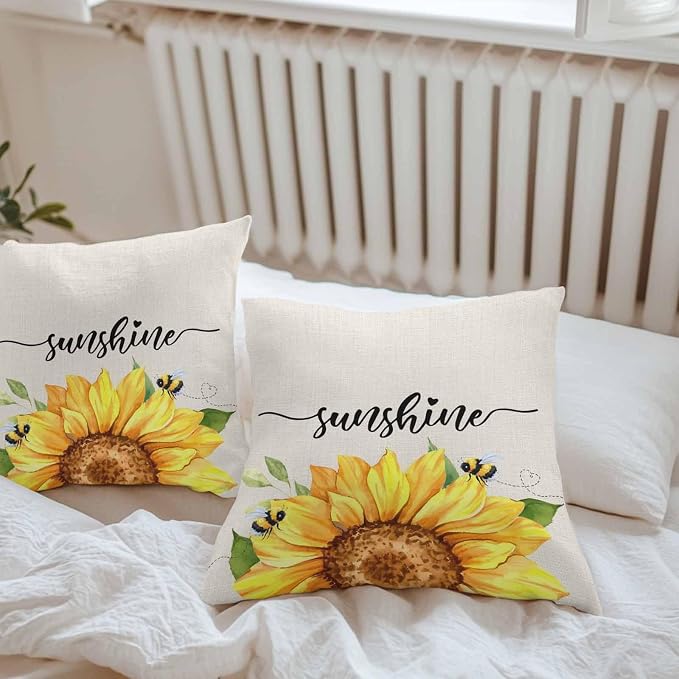 Vintage Yellow Sunflower Bee Outdoor Throw Pillow Covers Set of 2,Decorative Waterproof Pillowcase, Rustic Botanical on Linen Cushion Case for Patio Garden Couch Sofa Tent Bed 16x16 Inches