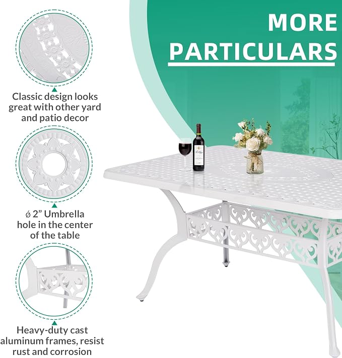 VIVIJASON 7-Piece Patio Furniture Dining Set, All-Weather Cast Aluminum Outdoor Conversation Set, Include 6 Chairs and a Rectangle Table with Umbrella Hole for Balcony Lawn Garden Backyard, White