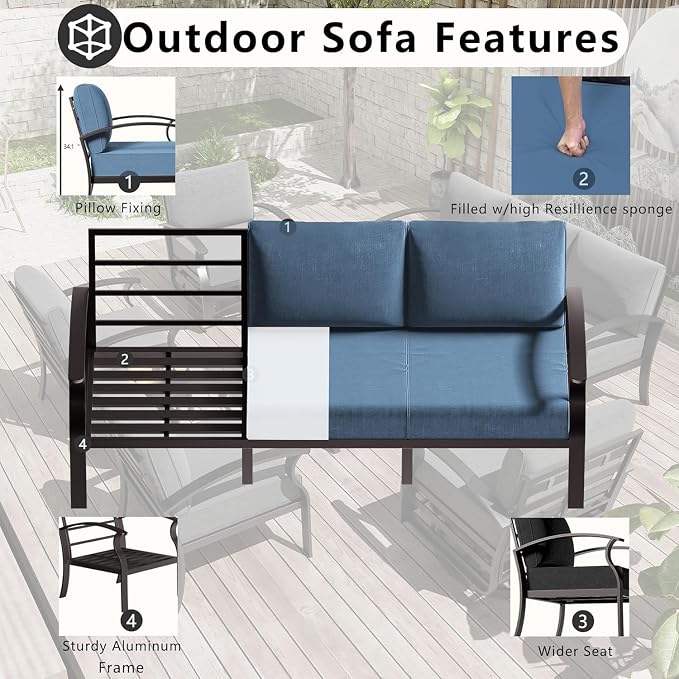Aluminum Patio Furniture Set with Fire Pit Table, 8 Seats Outdoor Patio Conversation Sets with Swivel Chair Modern Metal Sectional Sofa with Upgrade Cushions for Patio, Backyard - Blue