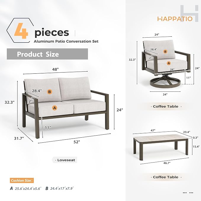HAPPATIO Patio Conversation Set, 4-Piece Aluminum Oversized Patio Furniture Set with Rope Woven Backrest, 2 Swivel Chairs and Loveseat with Thick Cushion, Hand-Brushed Frame for Yard, Porch, Balcony