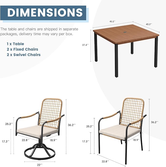 DIFY 5 Pieces Outdoor Dining Set for 4, 40.2" Walnut Square Metal Table with 2 Stackable Wicker Patio Chairs & 2 Swivel Chairs, Patio Furniture Set with Cushions and Umbrella Hole, Wheat Rattan