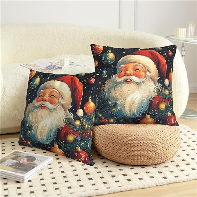 Christmas Santa Pillow Covers Xmas Throw Pillow Covers 24x24 Set of 2 Black Red Holiday Pillowcase Double Sided Printing Cotton Linen Cushion Case for Living Room Sofa Couch