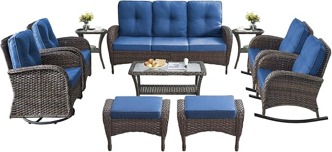 10-Piece Furniture Set-Patio Rocking Chairs Set of 4 Outdoor Rattan Sofa Sets with Coffee Table Outdoor Patio Furniture Sets for Deck Porch Garden Balcony Poolside-Brown/Blue