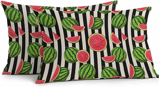 Vandarllin Outdoor Throw Pillows Covers 20x12 inch Set of 2 Waterproof Watermelon Decorative Zippered Cushion Covers for Patio Furniture, Summer Fruit Black Stripes Lumbar Pillowcases