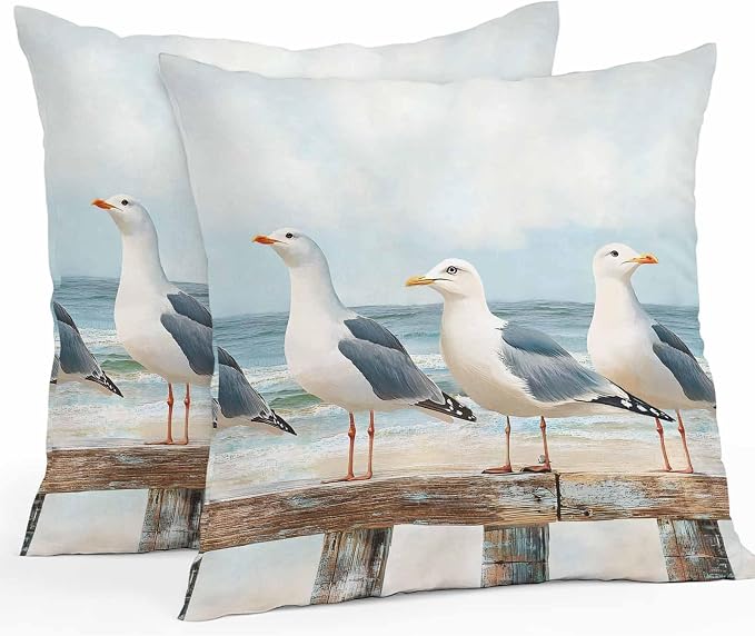 Coastal Seagull Waterproof Outdoor Pillow Covers Set of 2 Home Decor, Summer Beach Ocean Bird Watercolor Pillowcase Patio Pillow Covers for Couch Bench Furniture Garden 26x26in