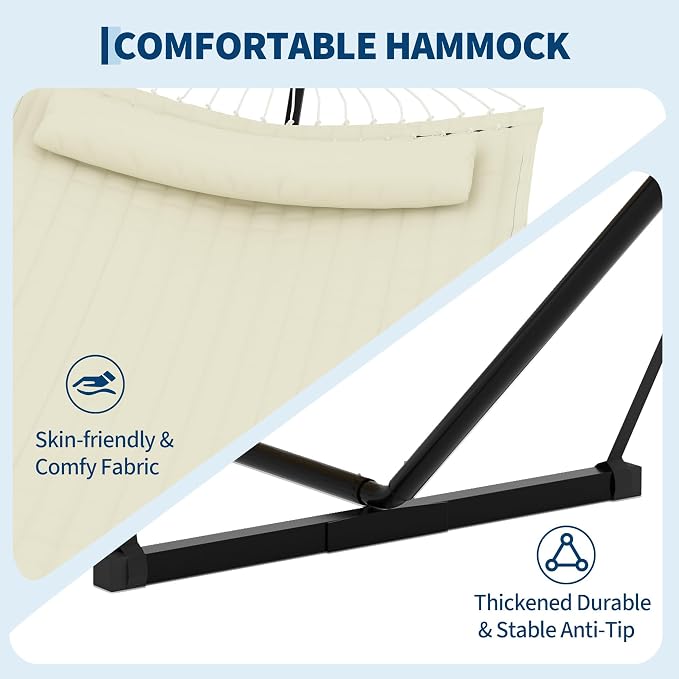 2 Person Hammock with Stand for Outside, Double Hammock with Stand and Pillow, Max 450 Lbs Capacity with Balance Rope, Large Hammock for Outdoor Patio Backyard Poolside