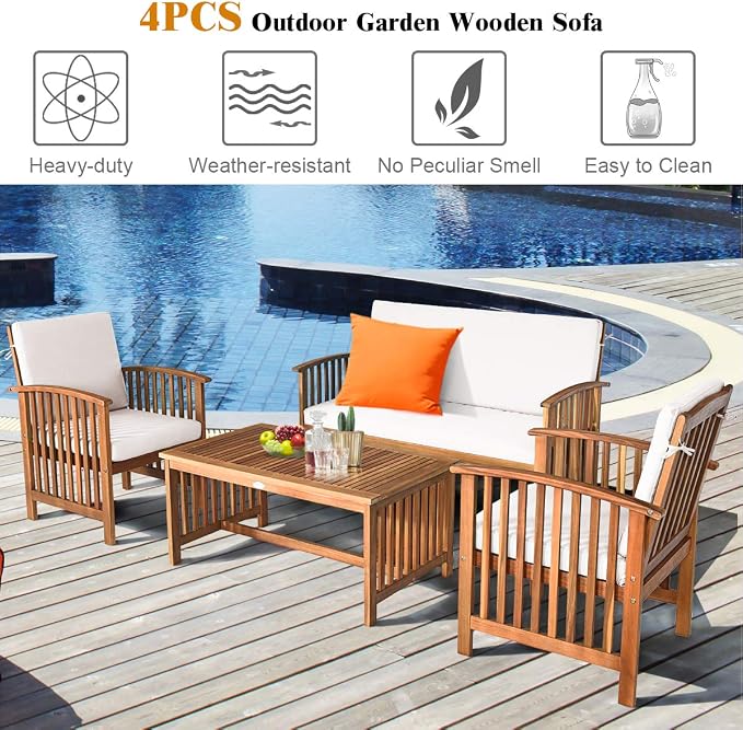 Tangkula Outdoor 8 Pcs Acacia Wood Sofa Set w/Water Resistant Cushions, Padded Patio Seating Chat Set w/Coffee Table for Garden, Backyard, Poolside (2, White)