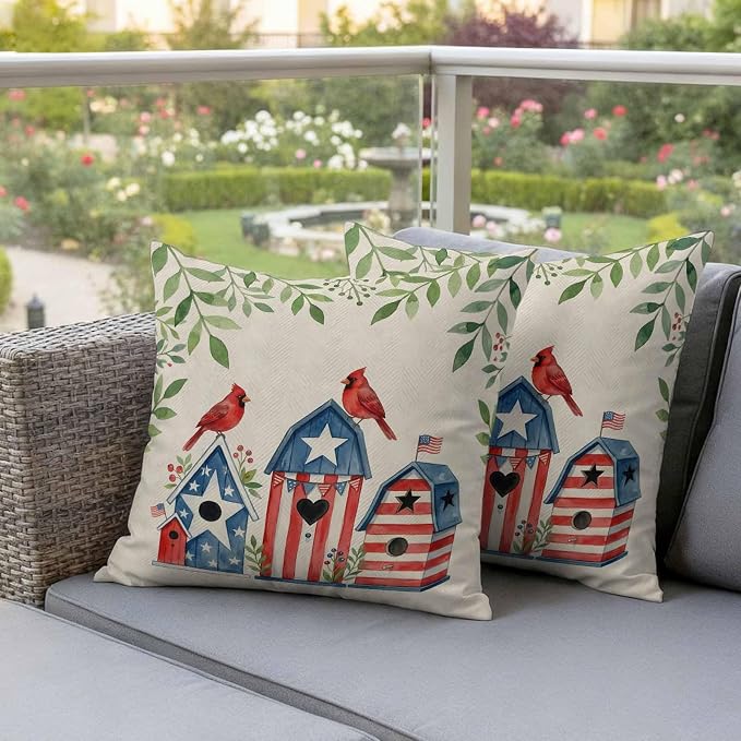 American Flag Bird House Outdoor Pillow Covers Waterproof, All Weather Cushion Case Set of 2, Green Eucalyptus Beige 250th Decorative Pillowcases for Sofa Couch Bed Decor Patio Furniture 18"x18"