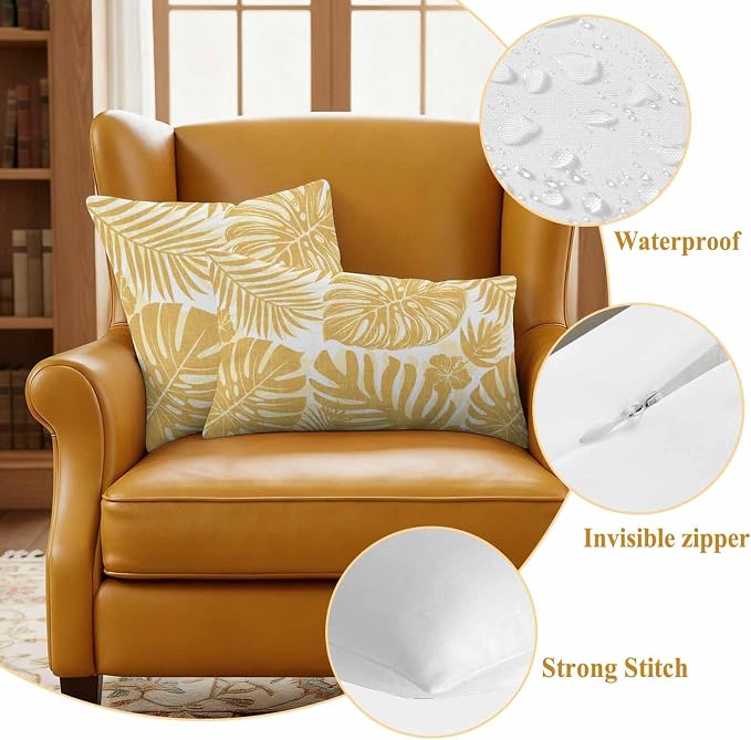 Yellow Palm Leaves Outdoor Pillow Covers 18"x18" Set of 2, Tropical Botanical Minimalist Modern Waterproof Throw Pillow Covers for Patio Furniture, Decorative Cushion Covers for Porch