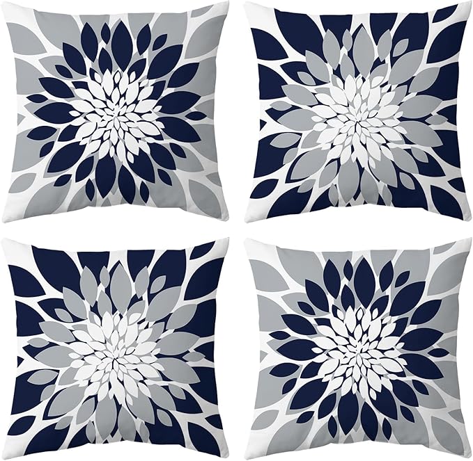 Pack of 4 Outdoor Waterproof Pillow Covers 24x24 Decorative Outdoor Throw Pillows Garden Square Cushion Cases for Patio Furniture, Couch, Tent Sunbrella, Bench, Navy Blue Grey
