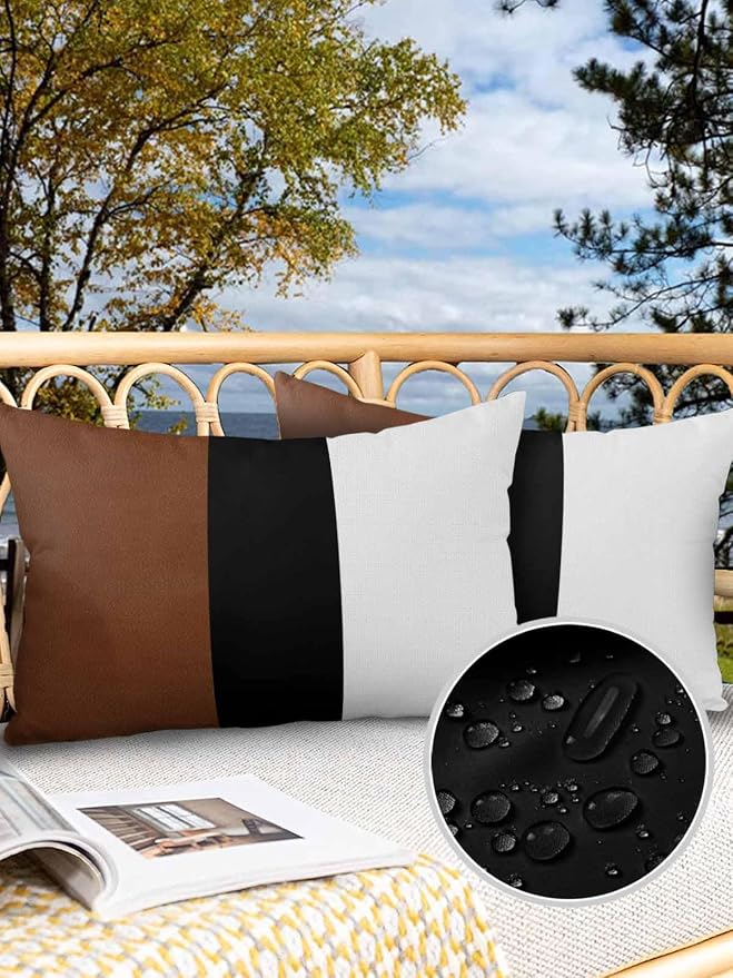 Outdoor Waterproof Throw Pillow Covers Set of 2 Brown Black Stripe Lumbar Pillowcases 20x12 Inches Boho Style Patio Decorative Pillows Cushion Case Patio Pillows for Couch Bed Chair Garden