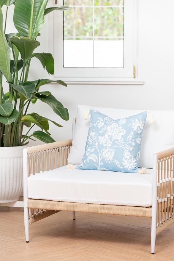 Hofdeco Premium Coastal Hampton Style Patio Indoor Outdoor Throw Pillow Cover Only, 18"x18" Water Resistant for Backyard, Couch, Baby Blue Floral Tassel
