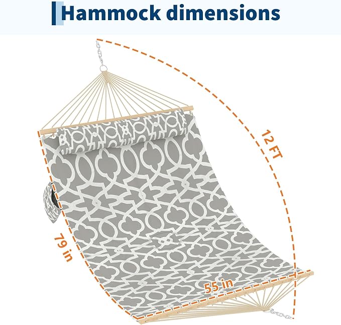 Garvee Double Quilted Fabric Hammock with Hardwood Spreader Bars and Pillow 450 LBS Capacity 2 Person Large Hammock for Outdoor Patio Backyard Poolside（Light Gray Stripes）