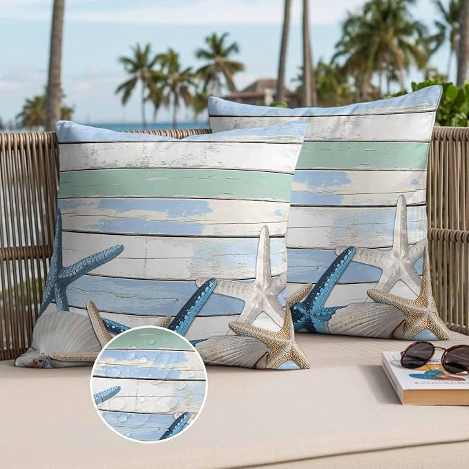 Outdoor Waterproof Pillow Covers Coastal Blue White Starfish Shell Pack of 2 Lumbar Pillow Cover Wood Grain Decorative Cushion Pillowcases for Patio Couch Bench Garden 18 x 18 Inches