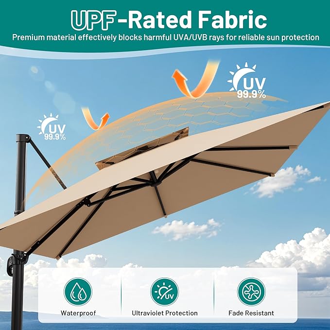 AreShark 11×11FT Double-Top Cantilever Patio Umbrella, Square Offset Umbrella with 360 Degree Rotation, Heavy Duty Patio Umbrella for Garden Deck Pool, 5 Tilt Angles, Beige