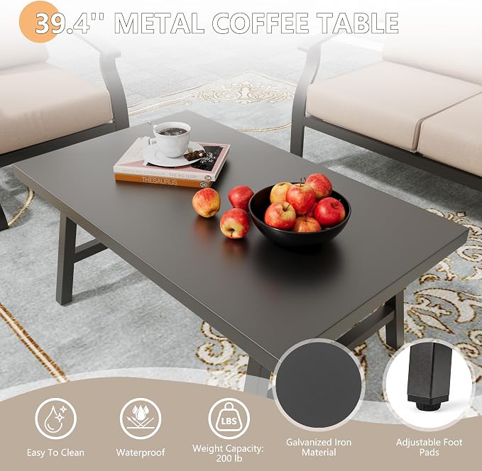 Metal Patio Furniture Set,4 Pieces 5 Seats Patio Sectional Outdoor Furniture Set with Rectangular Coffee Table,Patio Conversation Sets with 5.1" Thickened Cushions,SandSand