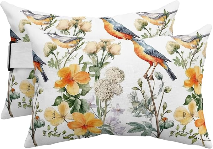 Outdoor Pillows Covers with Inserts Spring Watercolor Vintage Yellow Flowers and Birds Waterproof Pillow with Adjustable Strap Throw Pillows for Patio Furniture Recliner Lounge Chair, 11x16 inch, 2PCS