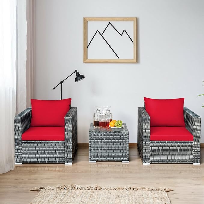 3 PC Patio Rattan Furniture Bistro Set Cushioned Sofa Chair Table Red