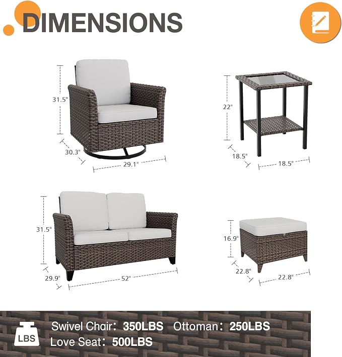 COOS BAY Harbor Retreat 6 Piece Outdoor Furniture Set, Patio Conversation Set with Swivel Rocking Chairs, 2 Seat Loveseat, Side Table and Ottomans, Wicker Furniture, Brown/Beige