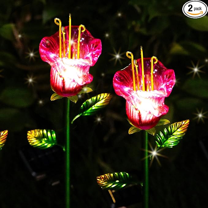 VChymm Outdoor Decorative Flowers 2 Pack, Waterproof Pink Glass Lily Flower Lights, Auto ON/Off Solar Decorative Lights for Garden, Patio, Backyard