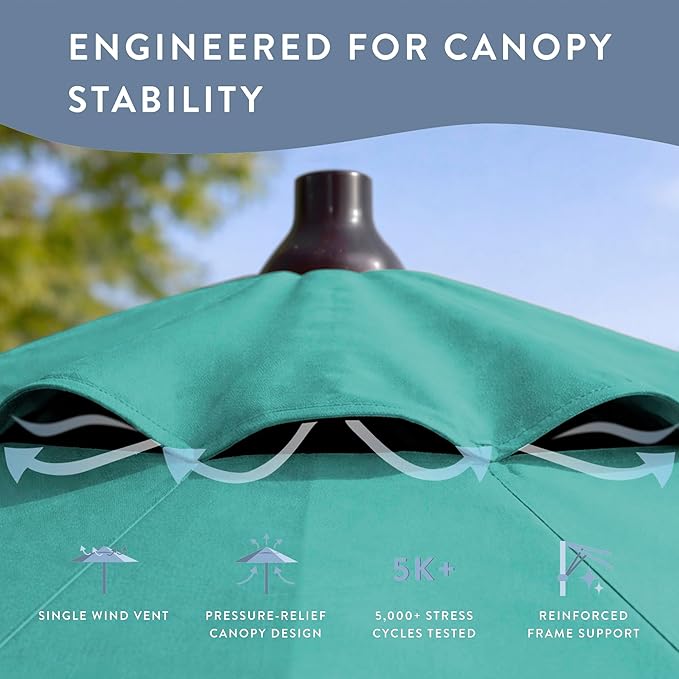 California Umbrella 12-Year Protection 9-Ft Outdoor Patio Umbrella, Sunbrella Fade-Resistant Fabric, Auto-Tilt, Heavy Duty Aluminum Frame, 8 Reinforced Ribs for Pool or Deck, Bronze Pole, Aruba