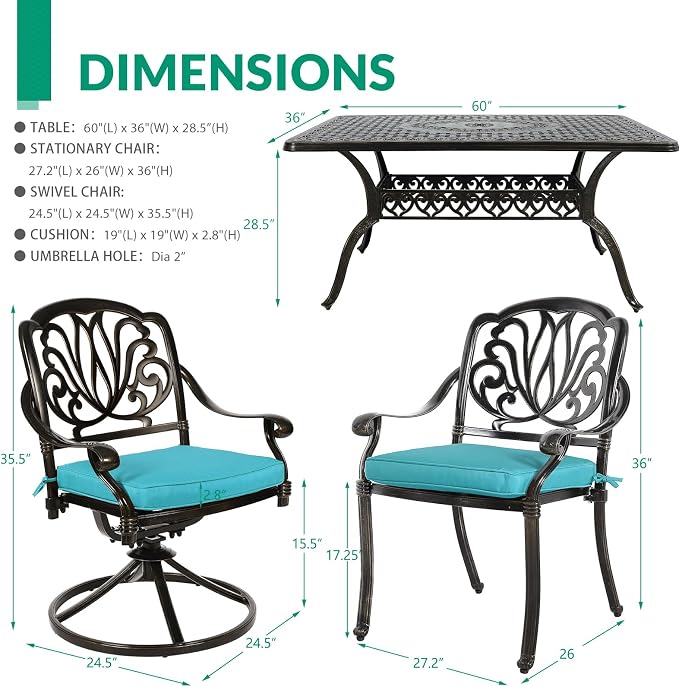 VIVIJASON 7 Pieces Cast Aluminum Outdoor Furniture Dining Set, Patio Conversation Set, Include 4 Stationary Chairs, 2 Swivel Dining Chairs and a Rectangle Table with Umbrella Hole, Ocean Blue Cushion