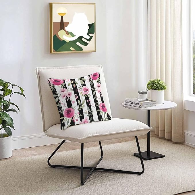 Vandarllin Outdoor Throw Pillows Covers 16x16 inch Set of 2 Waterproof Pink Flowers Decorative Zippered Cushion Covers for Patio Furniture, Floral Leaves Black Stripes Lumbar Pillowcases