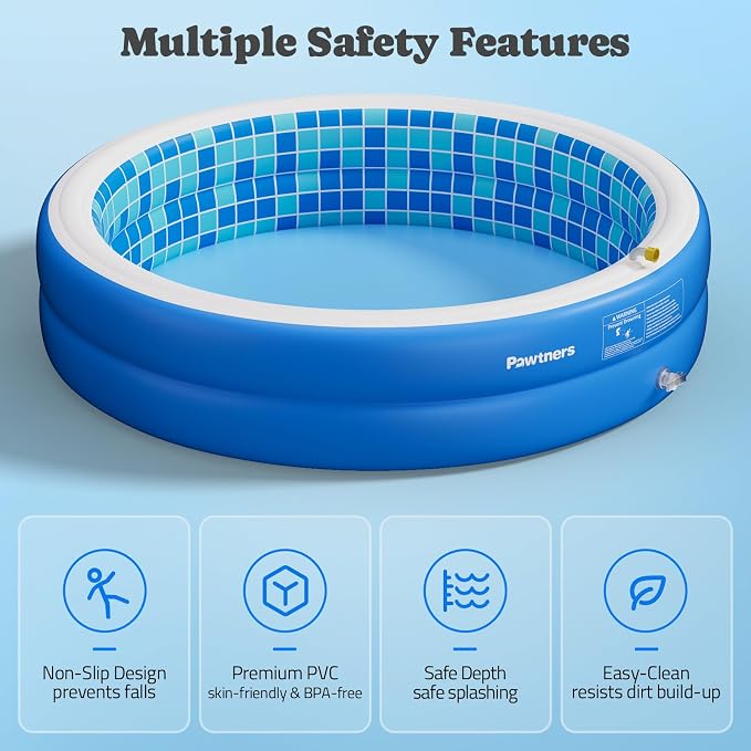 Inflatable Pool for Kids, Non-Slip Sprinkler Splash Pad for Backyard, Thickened PVC Kiddie Pool for Indoor Outdoor, Chew Proof Blow up Pond, Large Swimming Pool for Adult Dog Bathtub (Blue 77x12.2 in)