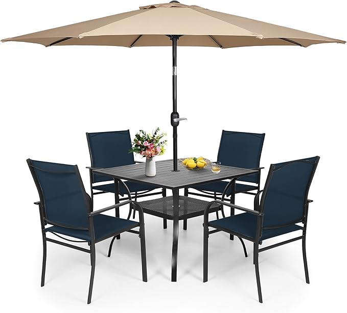 Crownland 5 Piece Patio Dining Set, Outdoor Textilene Dining Sets, 4 Textilene Metal Chairs and Square Outdoor Dining Table with Khaki 9FT Round Outdoor Umbrella (Blue)