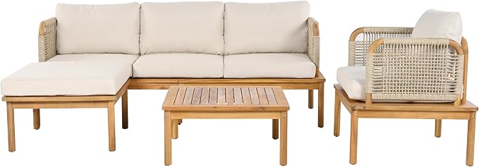 Christopher Knight Home Coby 4-Piece Acacia Wood Patio Furniture Set, Outdoor Conversation Sofa Set with Club Chair, Coffee Table and Ottoman, Patio Sectional Chat Set for Backyard/Balcony, Teak+Beige