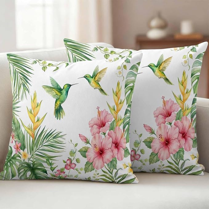 Yukro Hummingbirds Hibiscus Outdoor Waterproof Pillow Covers Pack of 2, Birds Botanical Tropical Plant Throw Pillowcases Decorative Cushion Covers for Garden Patio Tent Sofa Couch, 24x24 inch
