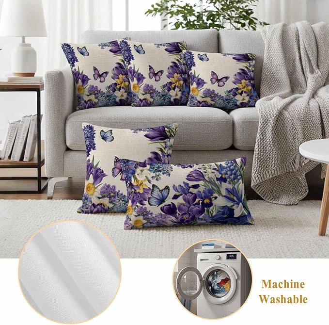 Outdoor Waterproof Pillow Covers for Patio Furniture Purple Blue Flowers Butterfly Throw Pillow Cover Watercolor Floral Linen Pillowcases Set of 2 Cushion Case for Sofa Couch Chair 20x20 inch