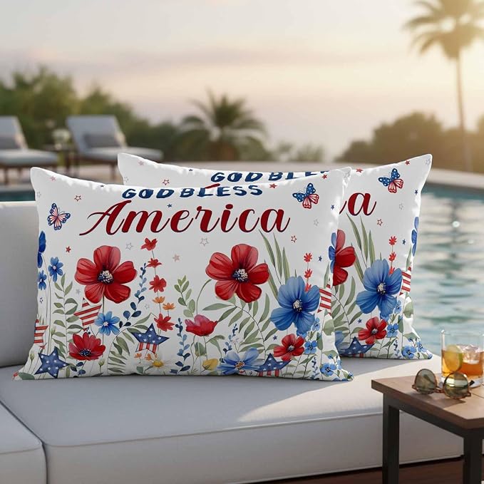 God Bless USA Outdoor Waterproof Throw Pillow Covers Set of 2, 20"x12", Red Blue Daisy Butterfly Independence Day Decorative Pillow Covers Outside Cushion Case for Patio Porch Garden