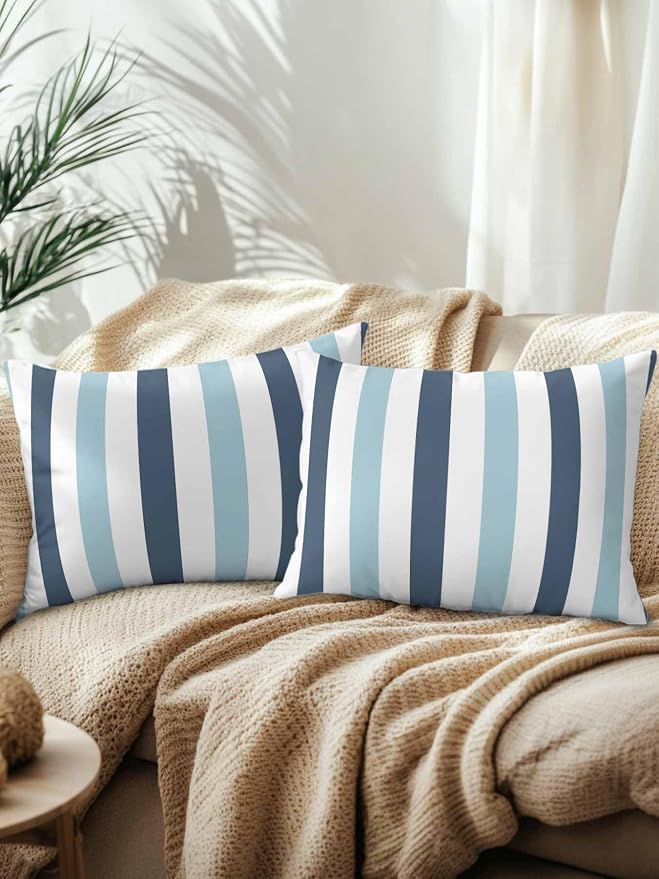 Outdoor Pillows Waterproof, Blue Aqua Striped Bedding Throw Pillows with Insert for Couch Sofa Bed, Farmhouse Stripe Art 12x20 Inch Pillowcases Decorative Camping Patio Pillow Set of 2