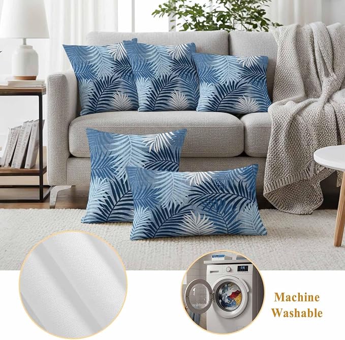 Blue Palm Leaves Waterproof Outdoor Pillow Covers Set of 2 Home Decor, Summer Tropical Leaf Plant Pillowcase Patio Pillow Covers for Couch Bench Patio Furniture Garden 18x18in