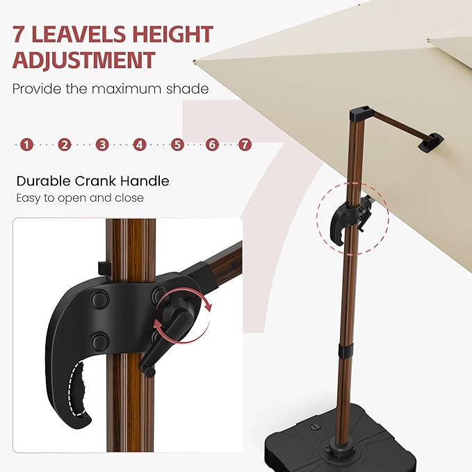 GENTEACO 10x13FT Wood Pattern Cantilever Patio Umbrella, Double Top Rectangle Offset Umbrella 7 Angle Tilts & 360° Rotation, Large Heavy Duty Outdoor Sun Umbrella for Pool Market, Beige