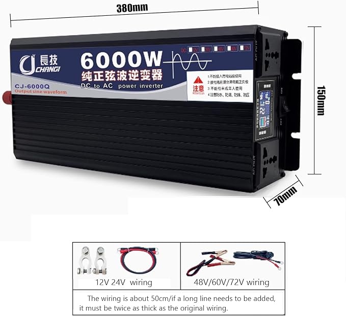 Pure Sine Wave Inverter 3500W/5000W/6000W/8000W/10000W/12000W Solar Power Inverter 12V 24V 48V 60V 72V DC to 110V 120V/220V 230V 240V AC Car Voltage Converter Transformer for Home RV(6000W,72Vto110V)