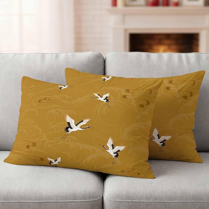 Japanese Style Outdoor Pillow Covers 20x12 Inch Lumbar Pillow Covers Set of 2 Waterproof Decorative Throw Pillow Cases Vintage Art Cranes Ocean Wave Yellow Cushion Covers for Patio Furniture Garden