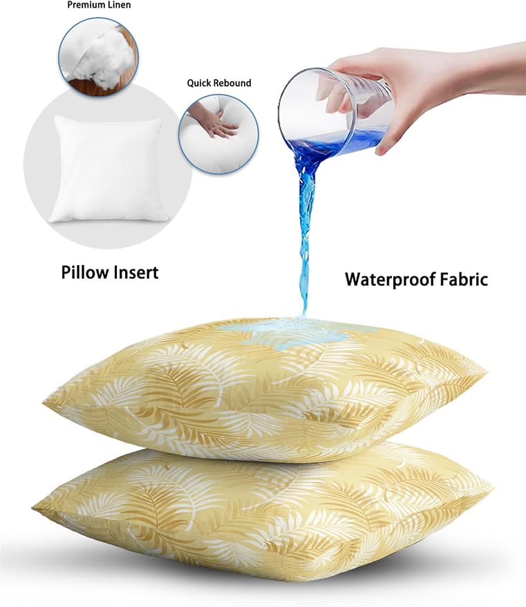 Waterproof Outdoor Pillow 1 Pack Yellow Tropical Palm Leaves Decorative Throw Pillows Cover & Insert 20x12 Inch Lumbar Pillowcase Summer Jungle Foliage Pillows for Couch Sofa Bed Patio Furniture