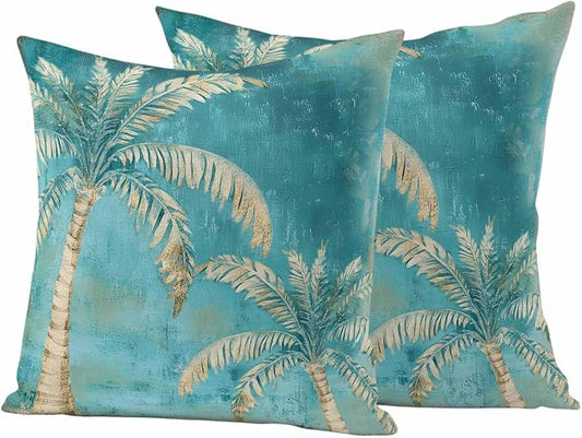 Coastal Beach Palm Tree Outdoor Waterproof Pillow Covers, Retro Teal Decorative Square Throw Pillowcase, Tropical Plant Summer Sofa Cushion Sham for Patio/Couch/Chair, 18"x18" 2 Pack