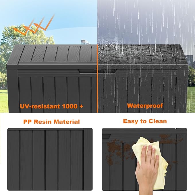 PatioZen 90 Gallon Resin Deck Box, Lockable Patio Outdoor Storage Box for Furniture, Garden Tools and Tools Storage, Waterproof Outside Storage Box - Black