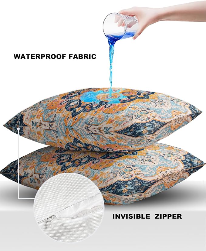 Outdoor Waterproof Pillow Covers Set of 2, Meddle Century Vintage Blue Carpet Mural Pattern Patio Throw Pillow Covers, Decorative Cushion Case for Couch Sofa Furniture Garden, 24x24 Inch