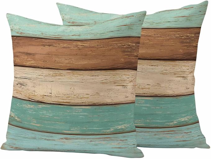 Farmhouse Teal Blue Brown Outdoor Waterproof Pillow Covers, Vintage Wooden Striped Decorative Square Throw Pillowcase Sofa Cushion Sham for Patio/Couch/Chair, 24"x24" 2 Pack