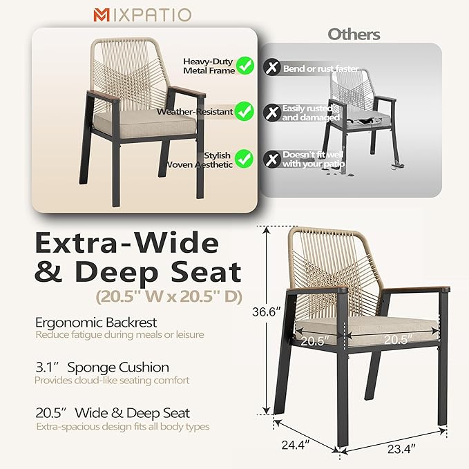 MIXPATIO Patio Wicker Chair Sets of 8, Outdoor Dining Chairs with 3.1 inch Seat Cushions, Sturdy Metal Frame & Wood Grain Armrest, Patio Dining Chairs for Porch Backyard, Beige