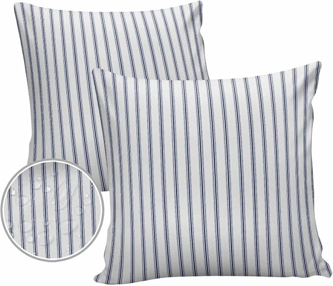 Outdoor Waterproof Throw Pillow Covers 24x24in, Modern Striped Cushions for Garden Patio Furniture Chairs Set of 2, Navy Blue White Home Decor Couch Sofa Polyester Pillow Cases