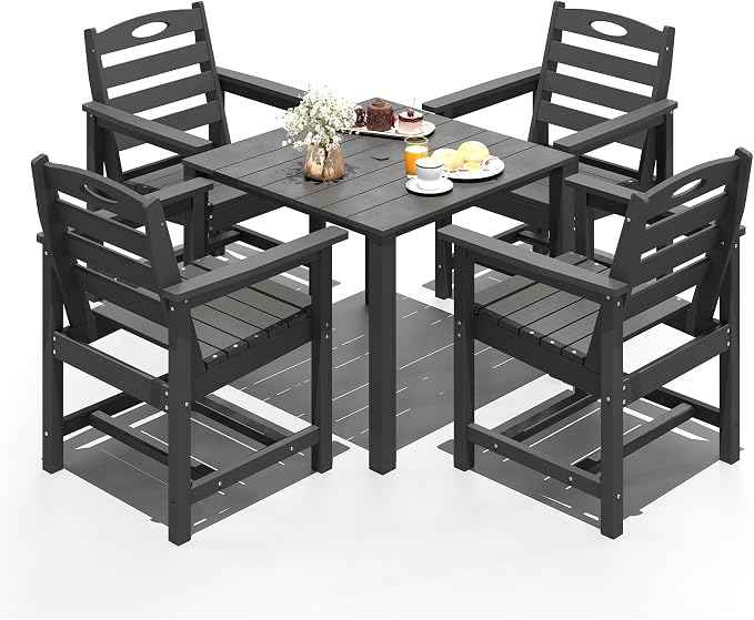 Domi HDPE Outdoor Dining Set, All-Weather Outdoor Dining Table Set of 5 with 2" Umbrella Hole, Outdoor Patio Dining Set for Garden, Poolside, Backyard, Deck, Grey