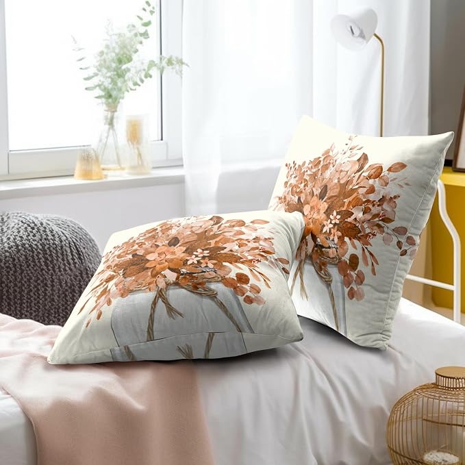 Fall Eucalyptus Throw Pillow Covers 16x16 Inch Set of 2, Orange Botanical Leaves Autumn Harvest Season Farmhouse Decorative Pillows Cushion Case for Sofa Couch Home Decor