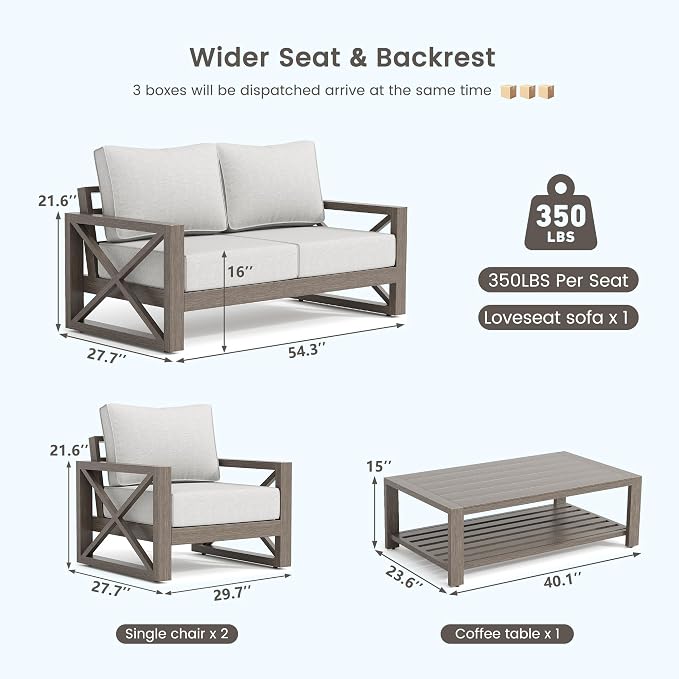 UDPATIO Aluminum Patio Furniture Set, Faux Wood Grain Modern Outdoor Furniture, 6" Cushions Metal Patio Conversation Sofa with Coffee Table for Poolside Deck, 7 PCS, Beige(Include 600D Covers)