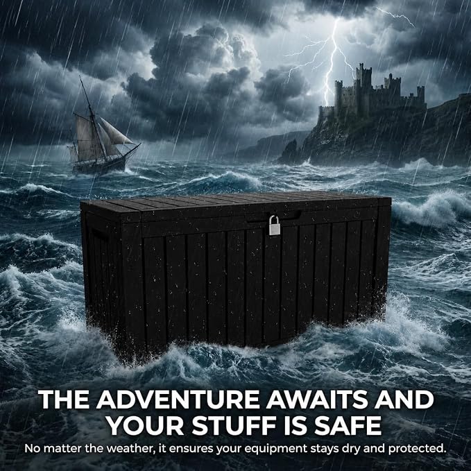LAUSAINT HOME 120 Gallon Outdoor Deck Box, Waterproof Resin Storage Box with Lock, Patio Cushion Storage, Garden Tool Organizer, Pool Storage Container, Outdoor Storage Bench,Black