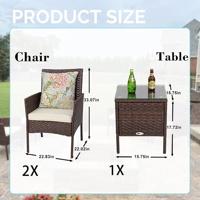 DIMAR GARDEN 3 Pieces Outdoor Patio Furniture Set Porch Conversation Rattan Wicker Chairs with Coffee Table,Mix Brown